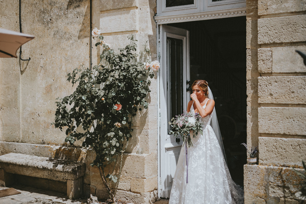 Fleur de Lis Blush by Hayley Paige Dress Gown Bride Bridal Lace Straps Veil Chateau Lagorce Wedding Flawless Photography