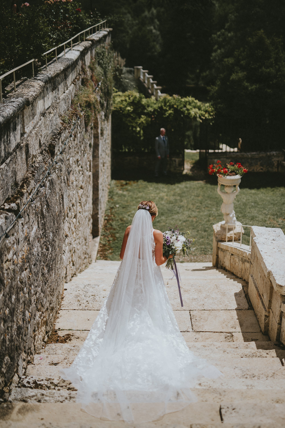 Fleur de Lis Blush by Hayley Paige Dress Gown Bride Bridal Lace Straps Veil Chateau Lagorce Wedding Flawless Photography