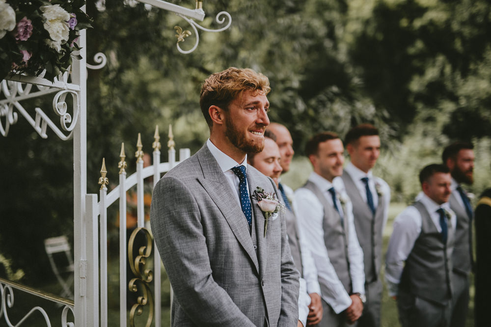 Groom Suit Grey Waistcoat Blue Polka Dot Tie Chateau Lagorce Wedding Flawless Photography