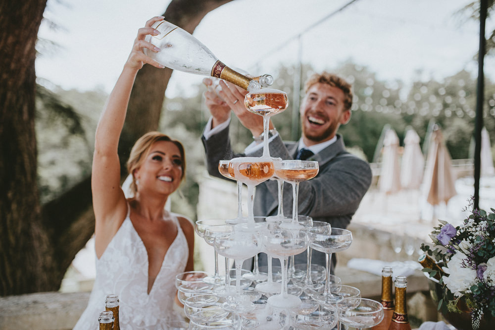 Champagne Tower Glasses Chateau Lagorce Wedding Flawless Photography