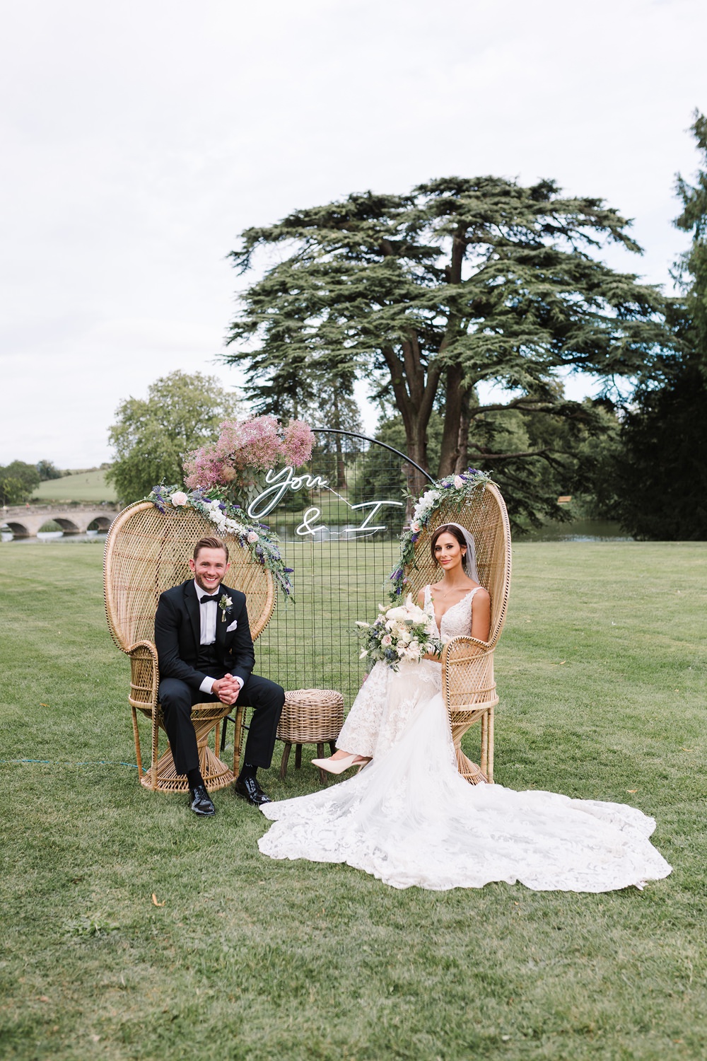 Compton Verney Wedding Danielle Smith Photography Peacock Chairs Neon Sign Backdrop Pink Gyp Gypsophila