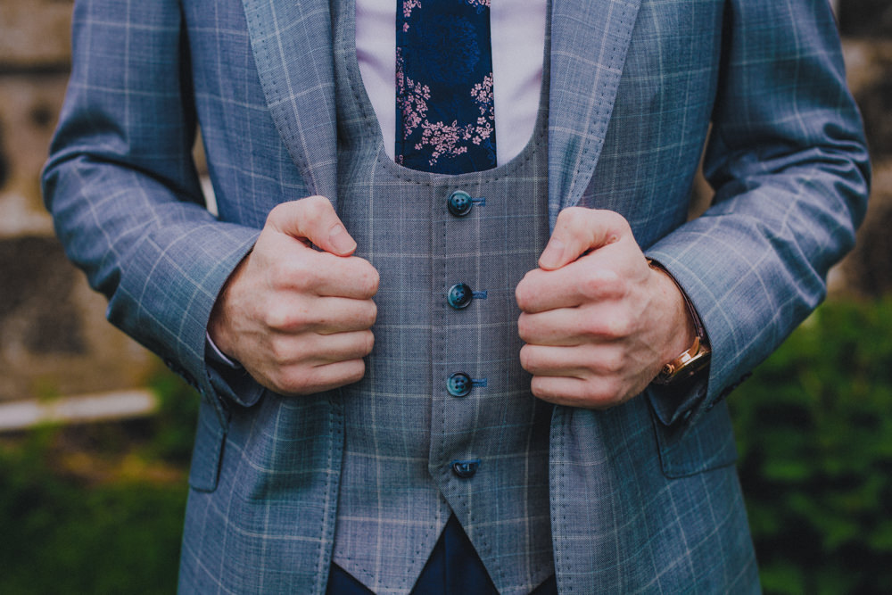 Groom Suit Blue Check Floral Tie Comrie Croft Wedding John Elphinstone Stirling