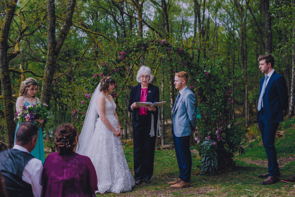 Outdoor Woodland Ceremony Flower Arch Moon Gate Backdrop Comrie Croft Wedding John Elphinstone Stirling