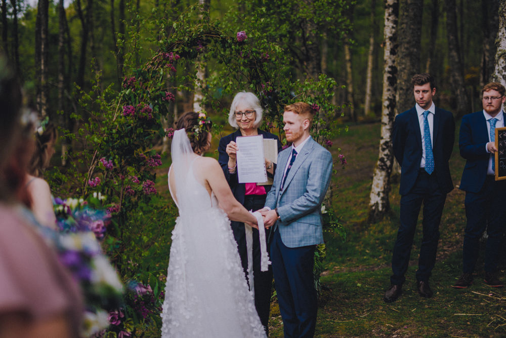 Outdoor Woodland Ceremony Flower Arch Moon Gate Backdrop Comrie Croft Wedding John Elphinstone Stirling