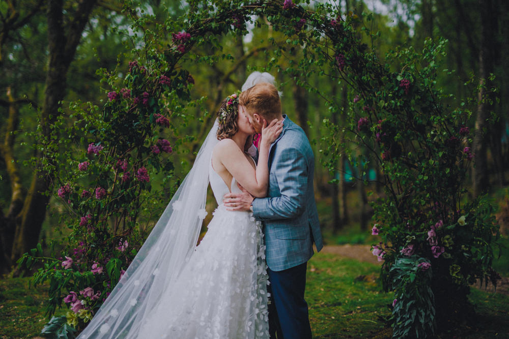 Comrie Croft Wedding John Elphinstone Stirling Outdoor Woodland Ceremony Flower Arch Moon Gate Backdrop
