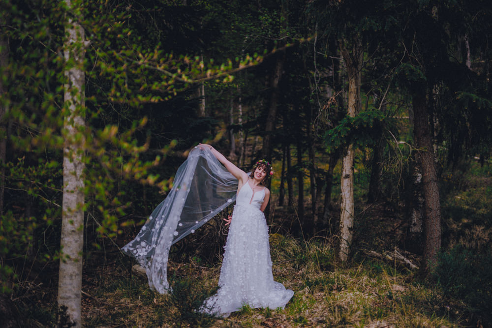 Dress Gown Bride Bridal Savin London 3D Flower Floral Tulle Veil Comrie Croft Wedding John Elphinstone Stirling