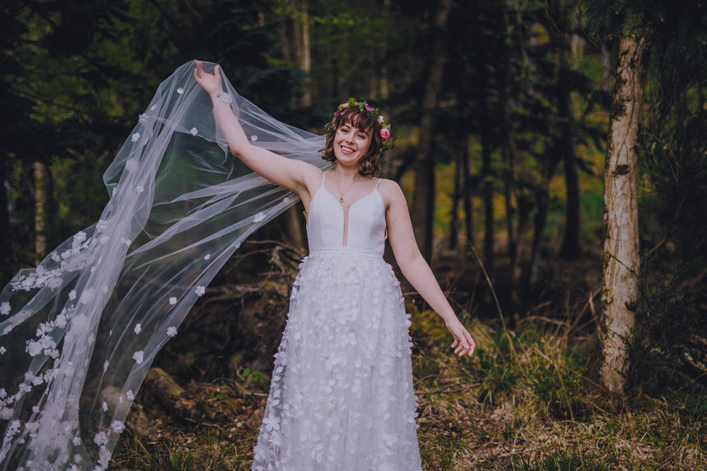 Dress Gown Bride Bridal Savin London 3D Flower Floral Tulle Veil Comrie Croft Wedding John Elphinstone Stirling