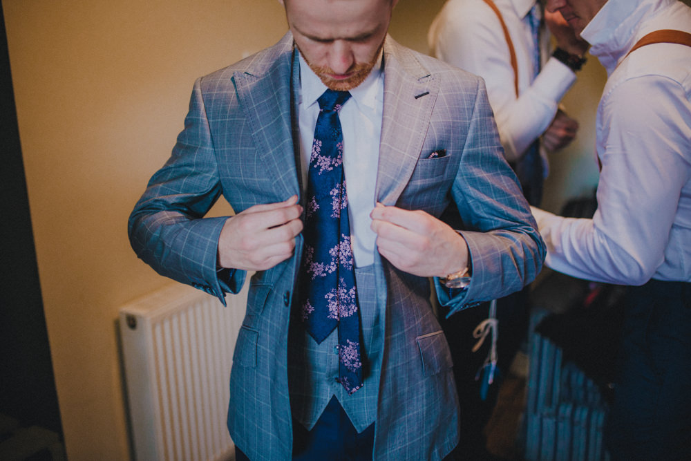 Groom Suit Blue Check Floral Tie Comrie Croft Wedding John Elphinstone Stirling