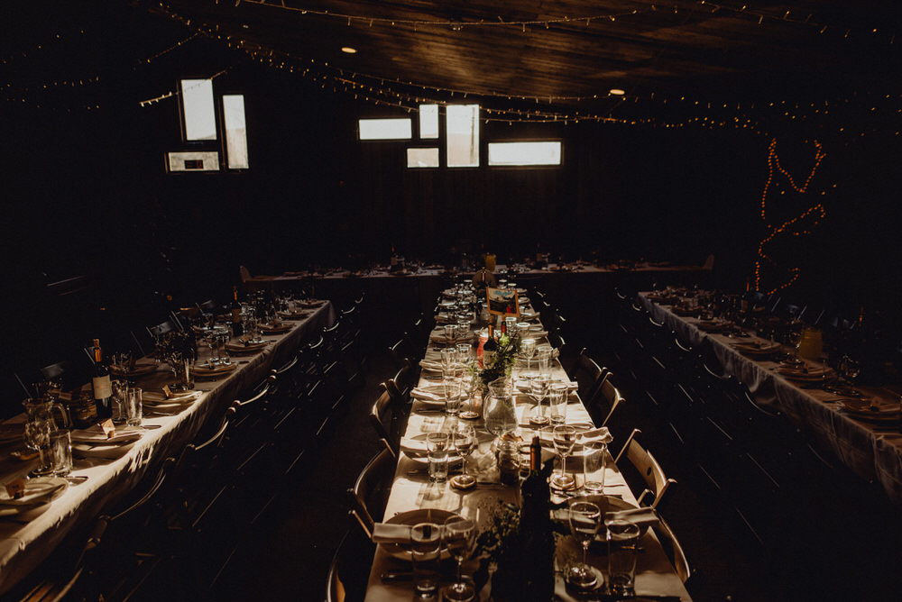Barn Reception Long Tables Fairy Lights Decor Comrie Croft Wedding Neil Thomas Douglas