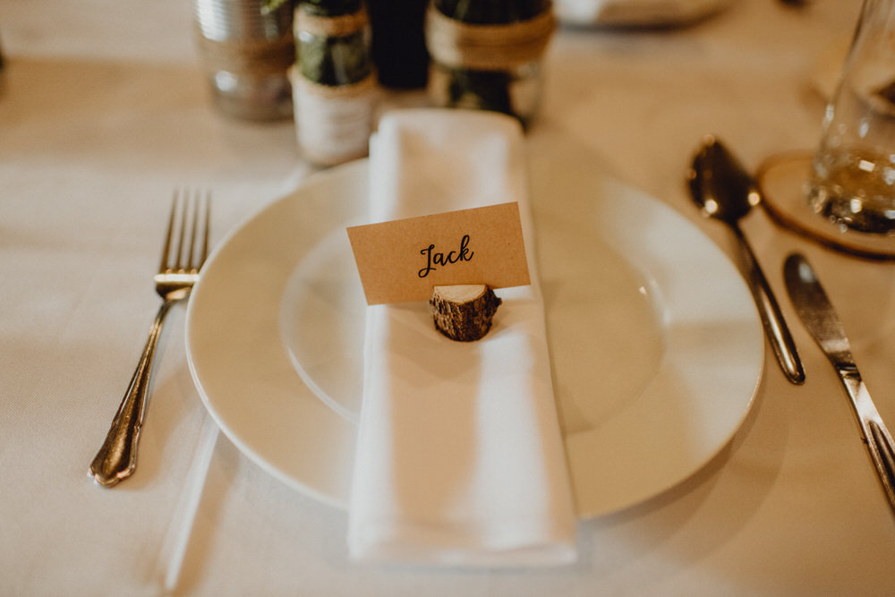 Log Slice Place Setting Name Comrie Croft Wedding Neil Thomas Douglas