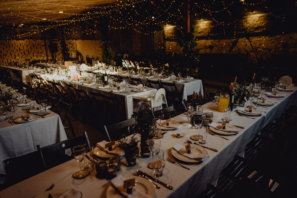Barn Reception Long Tables Fairy Lights Decor Comrie Croft Wedding Neil Thomas Douglas