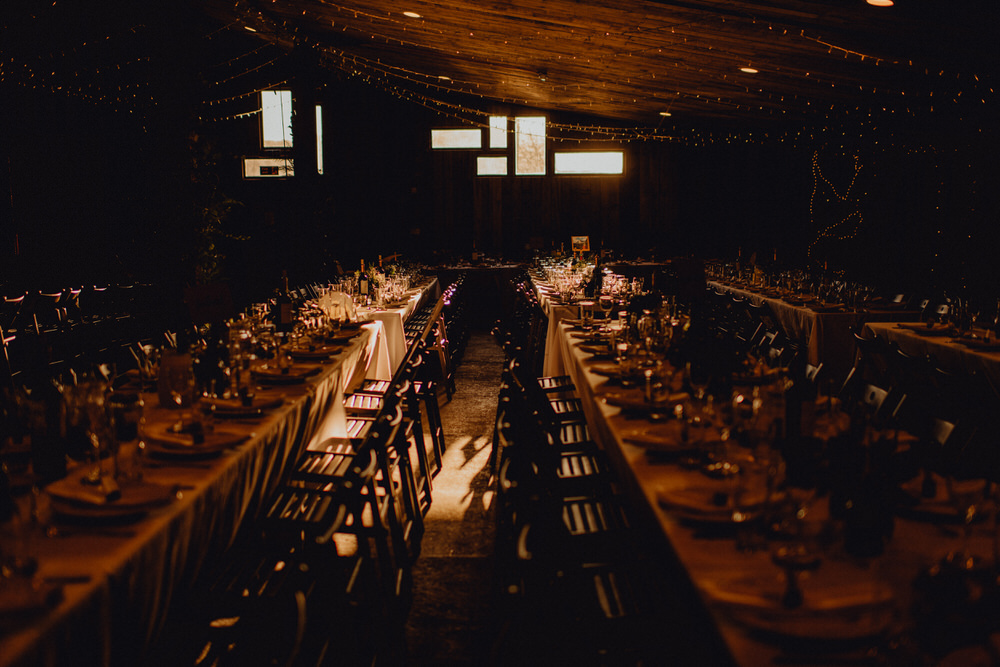 Barn Reception Long Tables Fairy Lights Decor Comrie Croft Wedding Neil Thomas Douglas