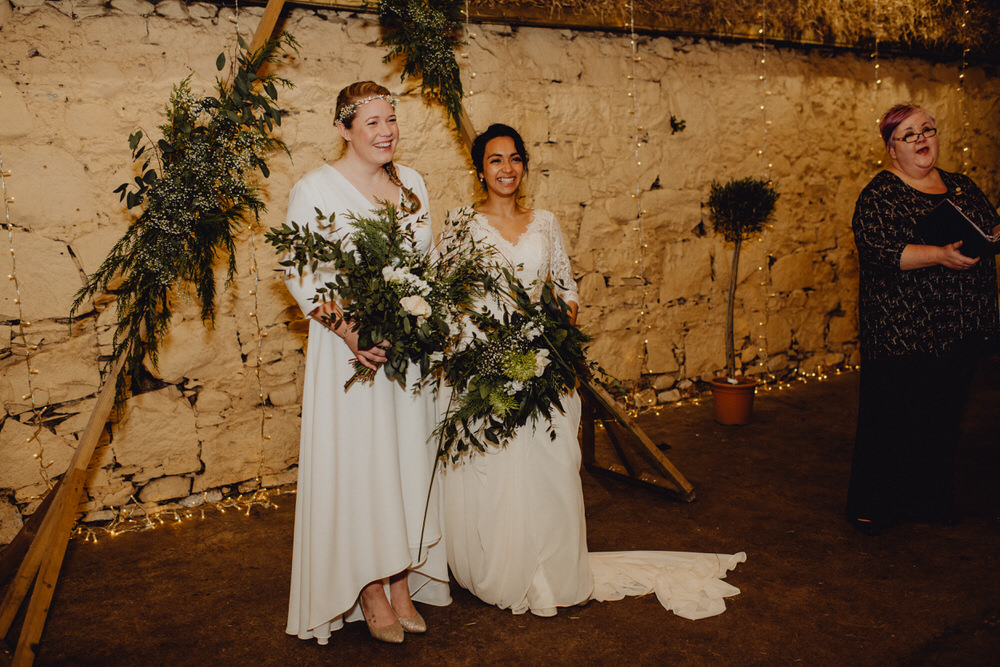 Comrie Croft Wedding Neil Thomas Douglas Triangle Backdrop Greenery Foliage Ceremony Arch Aisle