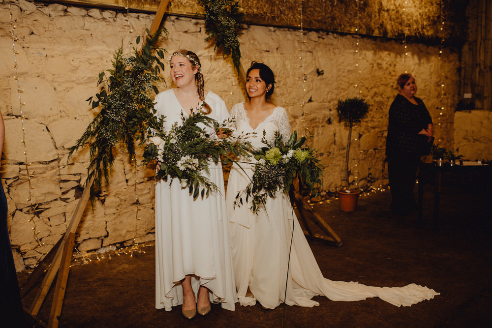 Comrie Croft Wedding Neil Thomas Douglas Triangle Backdrop Greenery Foliage Ceremony Arch Aisle