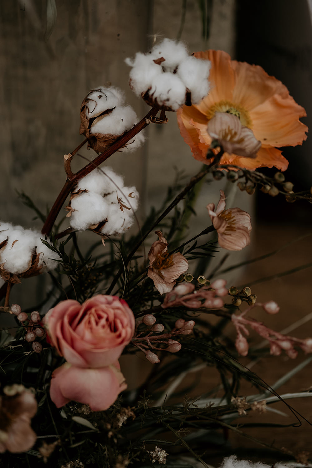 Bride Bridal Bouquet Flowers Rose Poppy Grass Cotton Cool Wedding Ideas Claire McClean Photography