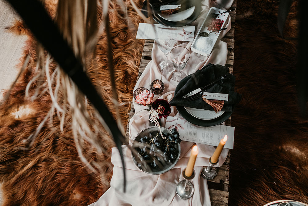 Table Tablescape Flower Cloud Pampas Grass Decor Cool Wedding Ideas Claire McClean Photography