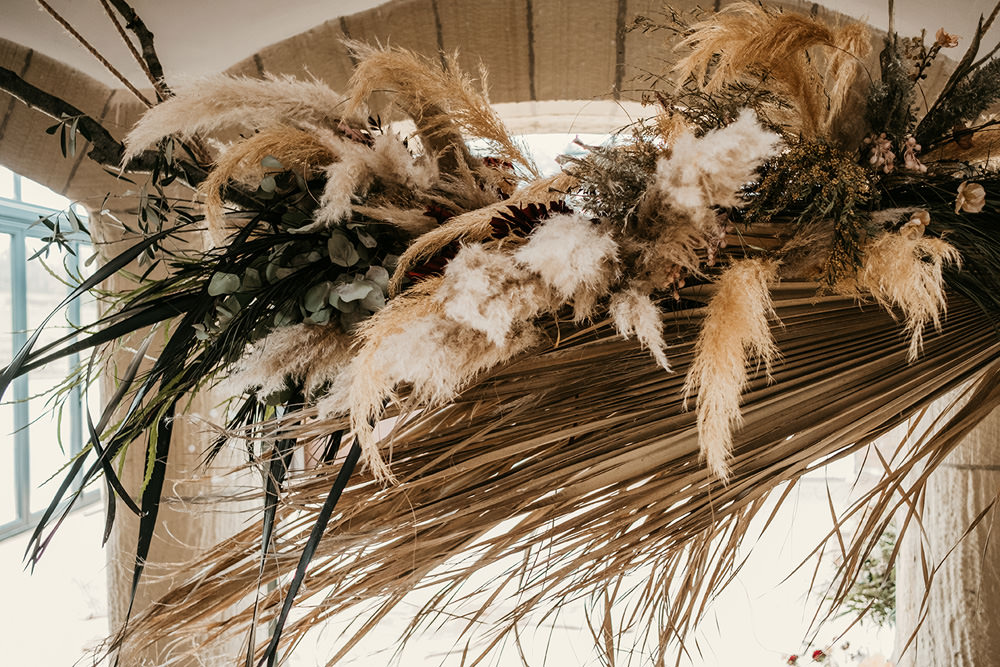 Table Tablescape Flower Cloud Pampas Grass Decor Cool Wedding Ideas Claire McClean Photography
