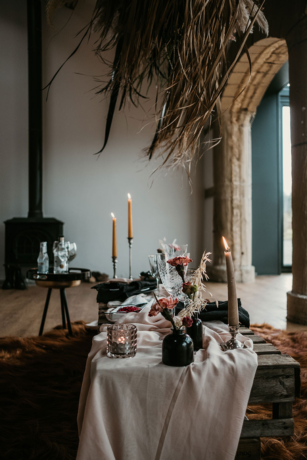 Table Tablescape Flower Cloud Pampas Grass Decor Candles Cool Wedding Ideas Claire McClean Photography