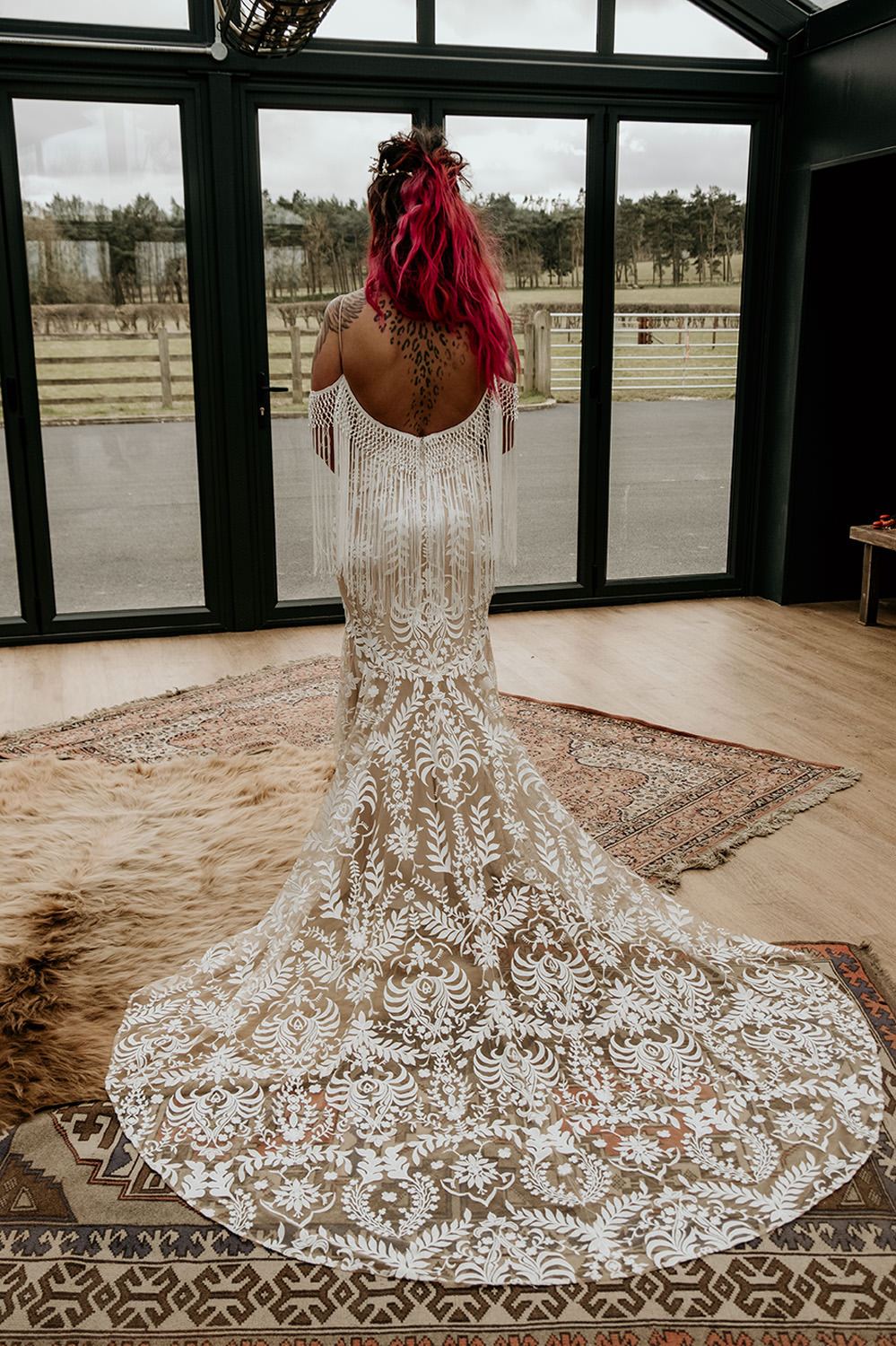 Dress Gown Bride Bridal Fringe Finged Lace Train Cool Wedding Ideas Claire McClean Photography