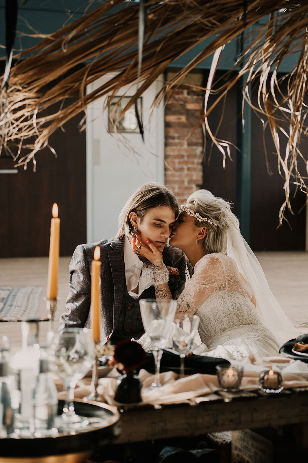 Table Tablescape Flower Cloud Pampas Grass Decor Cool Wedding Ideas Claire McClean Photography