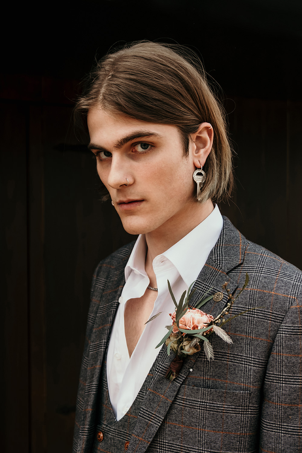 Groom Suit Check Open Collar Buttonhole Cool Wedding Ideas Claire McClean Photography