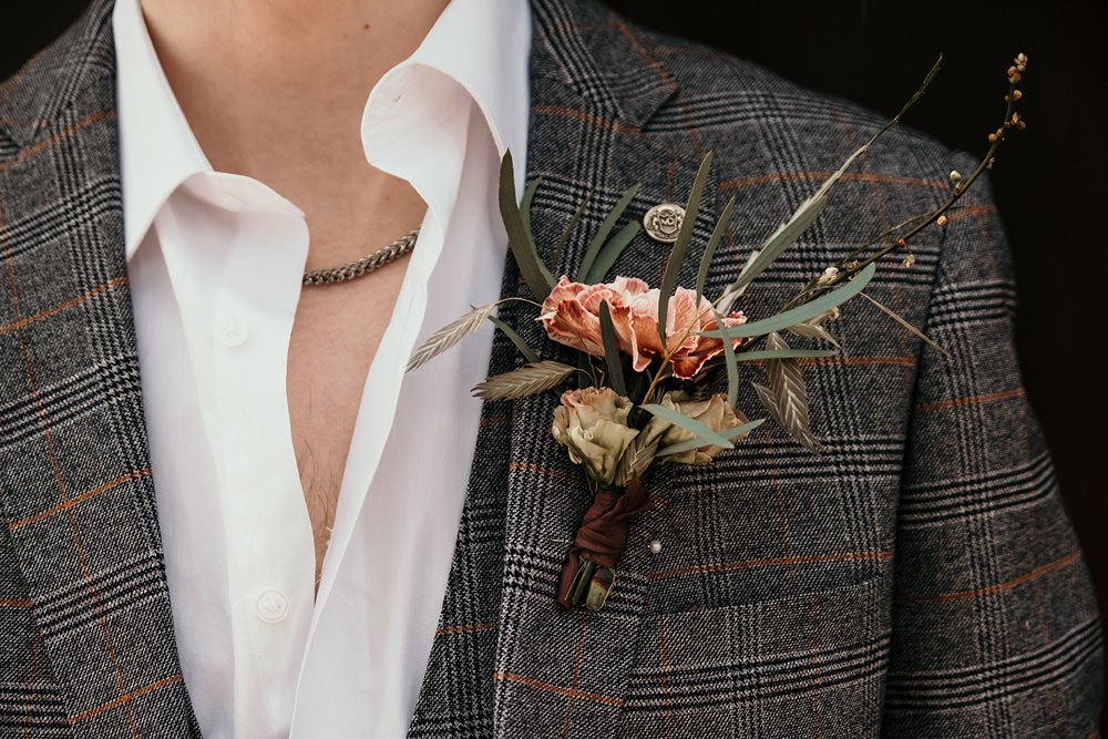 Groom Suit Check Open Collar Buttonhole Cool Wedding Ideas Claire McClean Photography