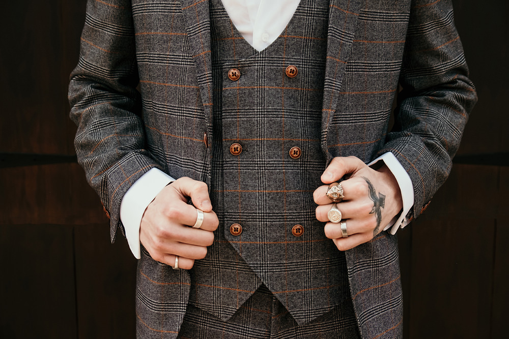 Groom Suit Check Open Collar Buttonhole Cool Wedding Ideas Claire McClean Photography