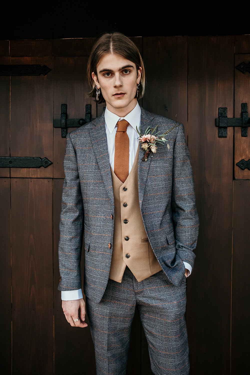 Groom Suit Check Open Collar Buttonhole Cool Wedding Ideas Claire McClean Photography