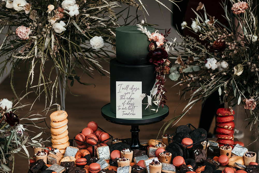 Black Cake Flowers Floral Treats Cool Wedding Ideas Claire McClean Photography