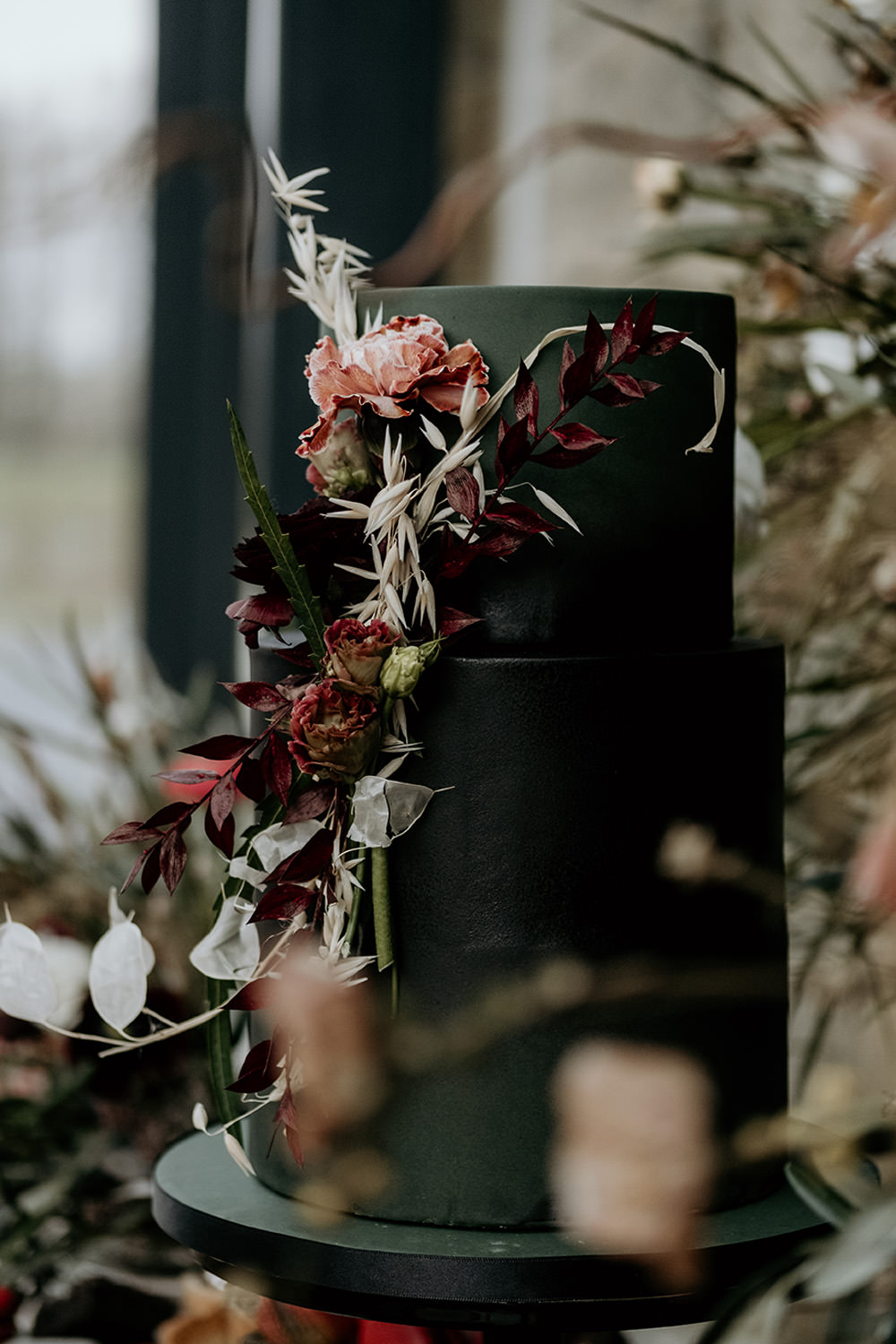 Black Cake Flowers Floral Treats Cool Wedding Ideas Claire McClean Photography