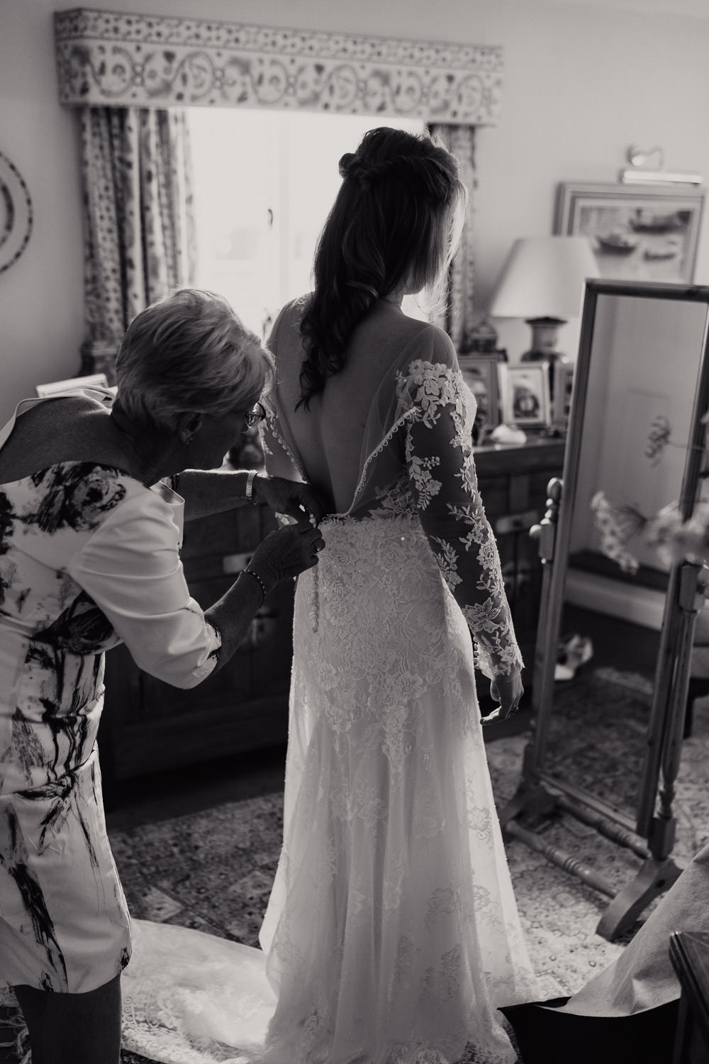 Dress Gown Bride Bridal Mori Lee Lace Sleeves Low Back Buttons Country Festival Wedding Jonny Gouldstone Photography