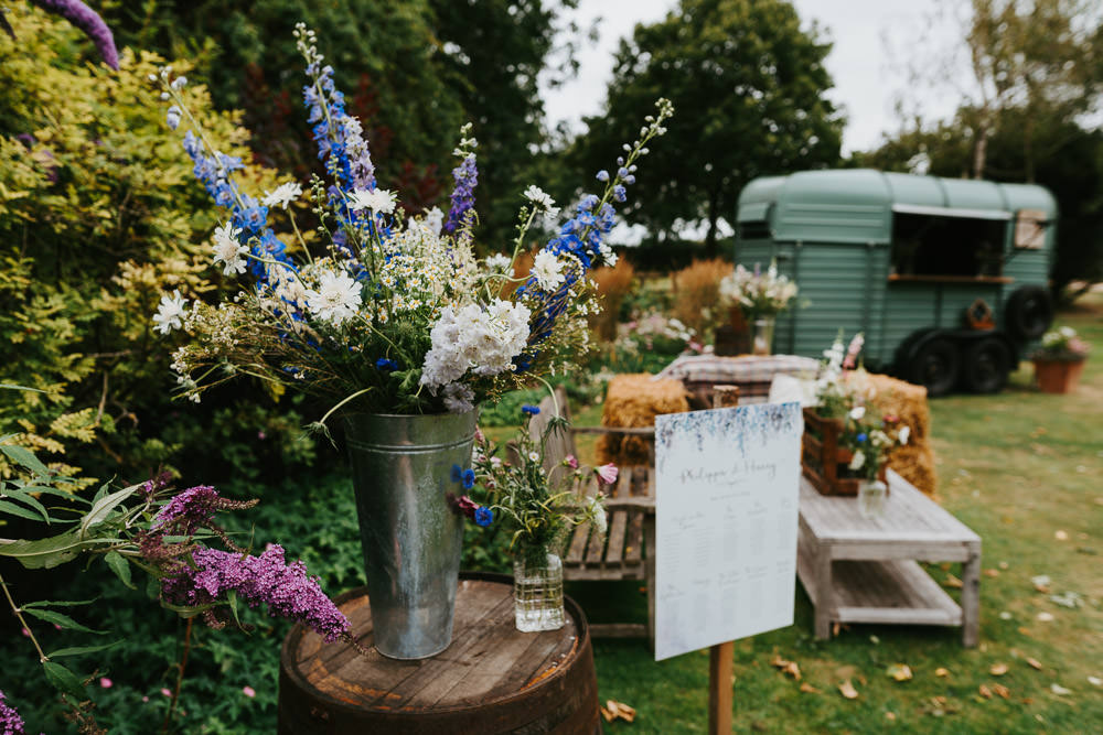 Galvanised Metal Bucket Flowers Country Festival Wedding Jonny Gouldstone Photography