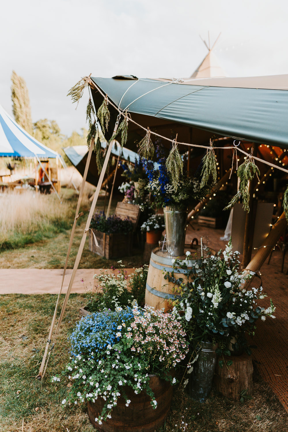 Tipi Back Garden Reception Flowers Country Festival Wedding Jonny Gouldstone Photography