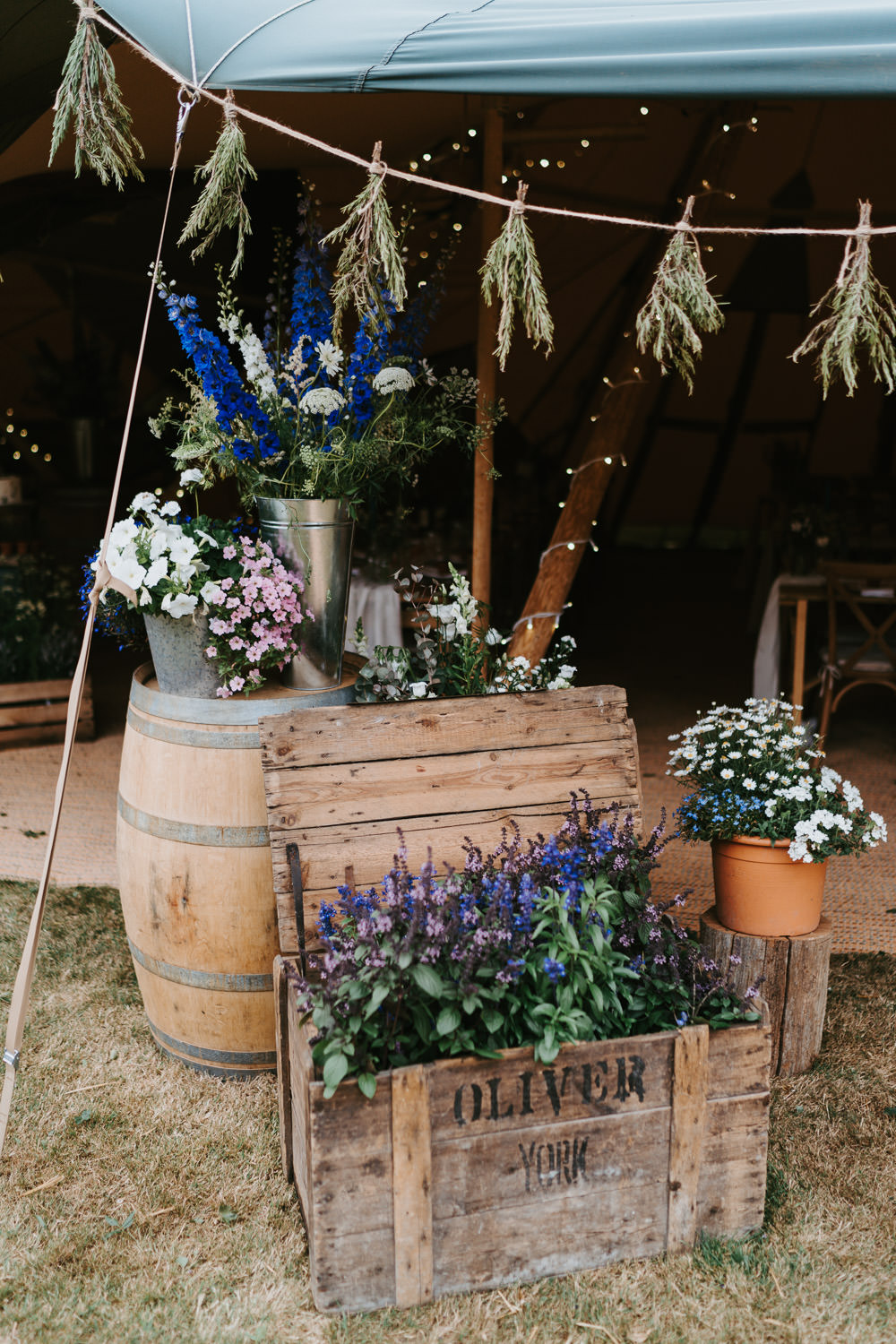 Wooden Box Crate Flowers Decor Tipi Country Festival Wedding Jonny Gouldstone Photography