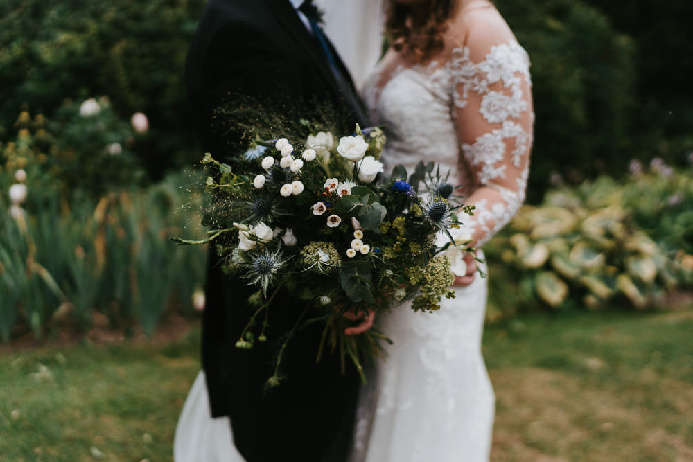 Bouquet Flowers Bride Bridal Greenery Foliage Thistle Country Festival Wedding Jonny Gouldstone Photography