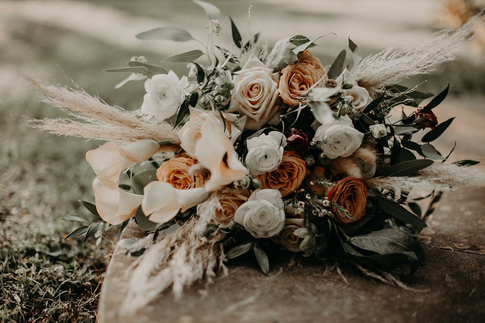 Bouquet Flowers Bride Bridal Rose Orange Ivory Pampas Grass Earth Tone Wedding Aline Marin Photography