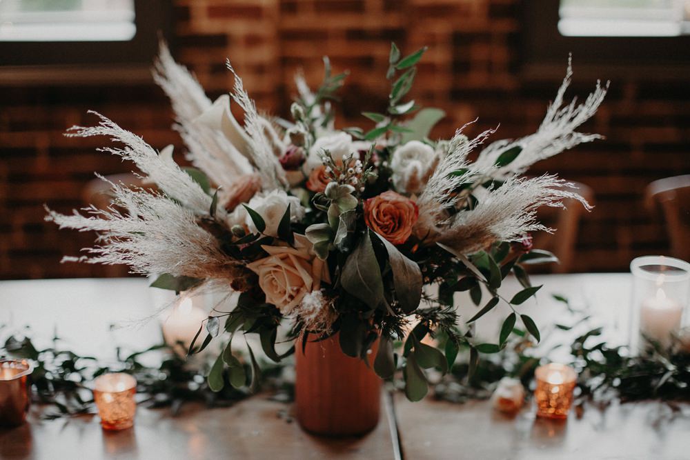 Table Centrepiece Flowers Rose Orange Ivory Pampas Grass Earth Tone Wedding Aline Marin Photography