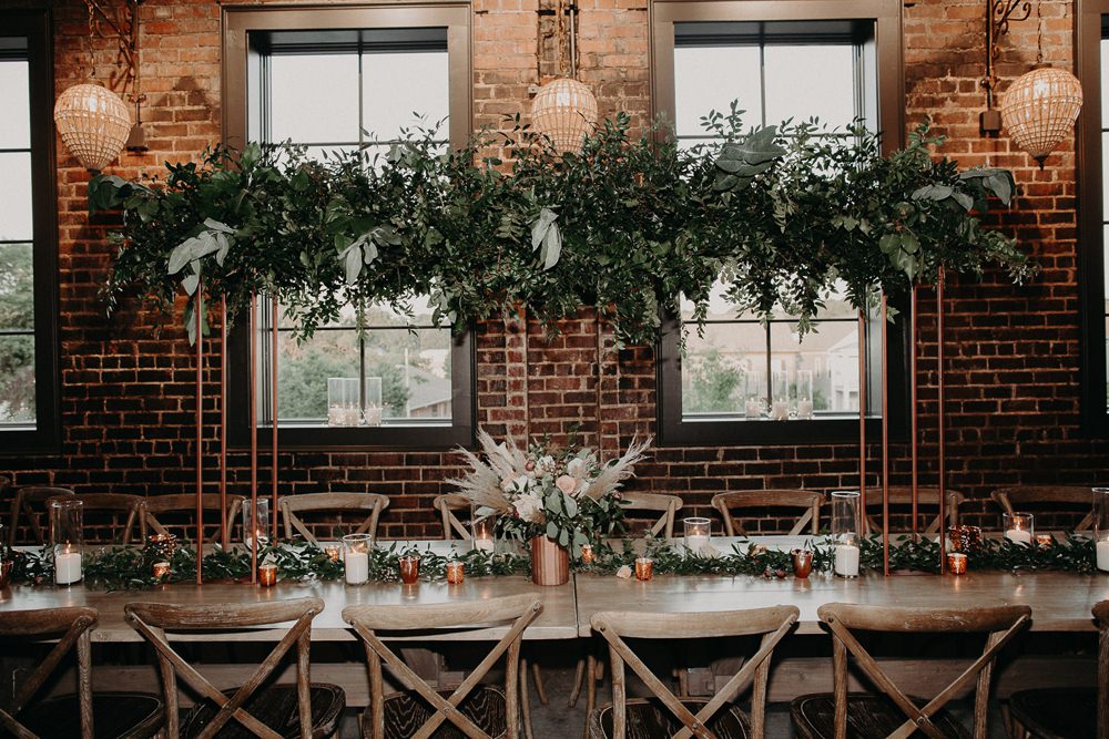 Table Tablescape Long Wooden Greenery Installation Hanging Flowers Earth Tone Wedding Aline Marin Photography