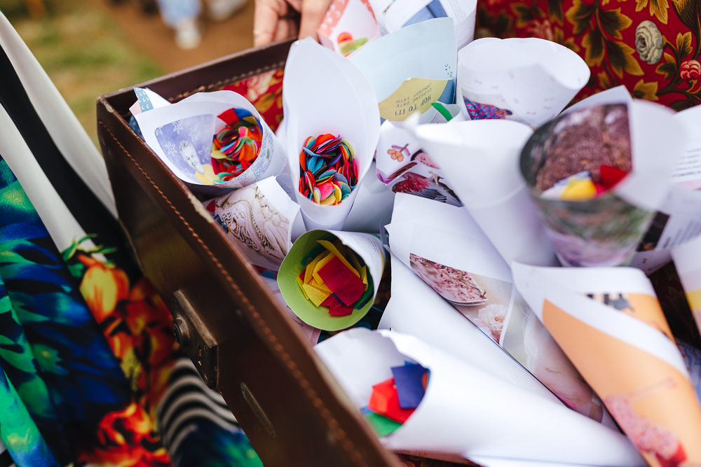 Suitcase Confetti Cones Festival Party Wedding Kirsty Mackenzie Photography
