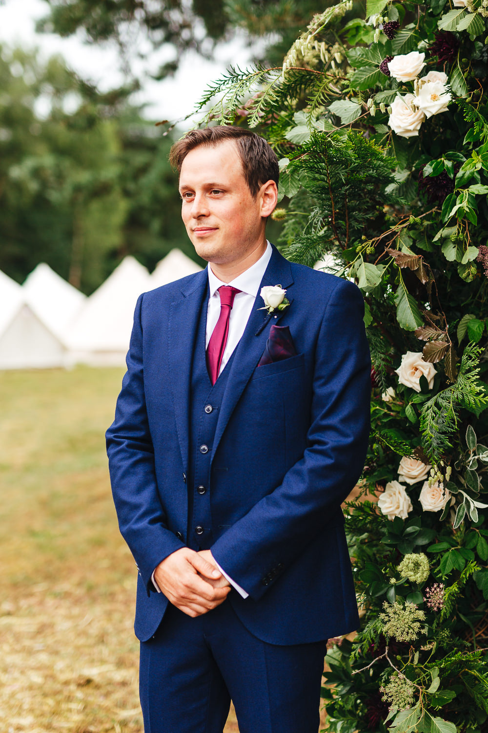 Groom Suit Blue Red Tie Festival Party Wedding Kirsty Mackenzie Photography
