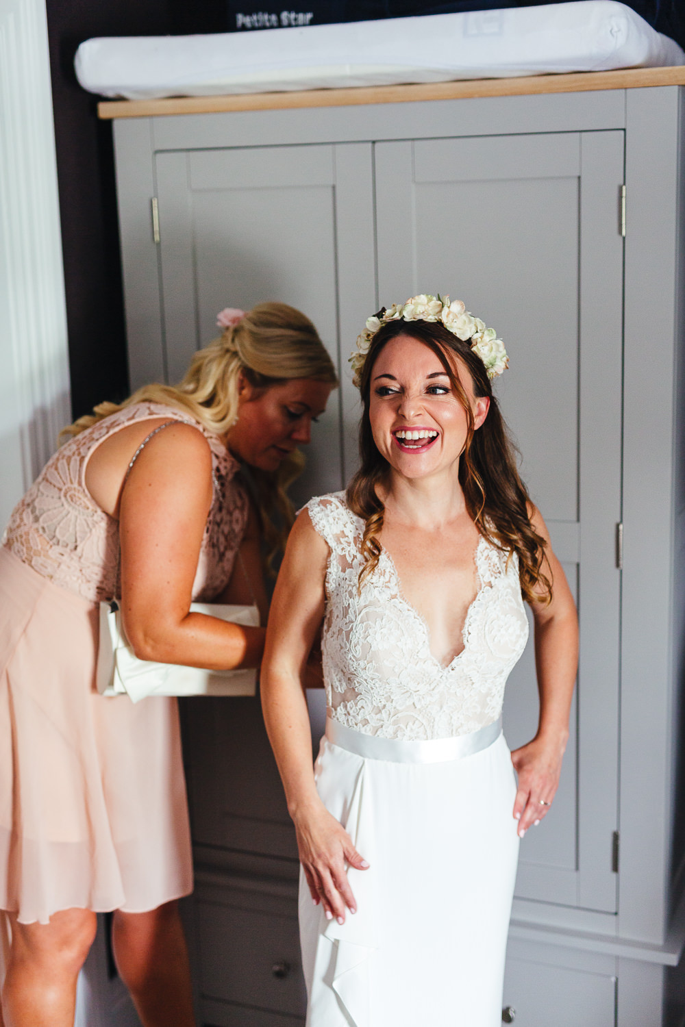Bride Bridal Dress Gown Suzanne Neville Slinky Lace Plunge Neck Festival Party Wedding Kirsty Mackenzie Photography