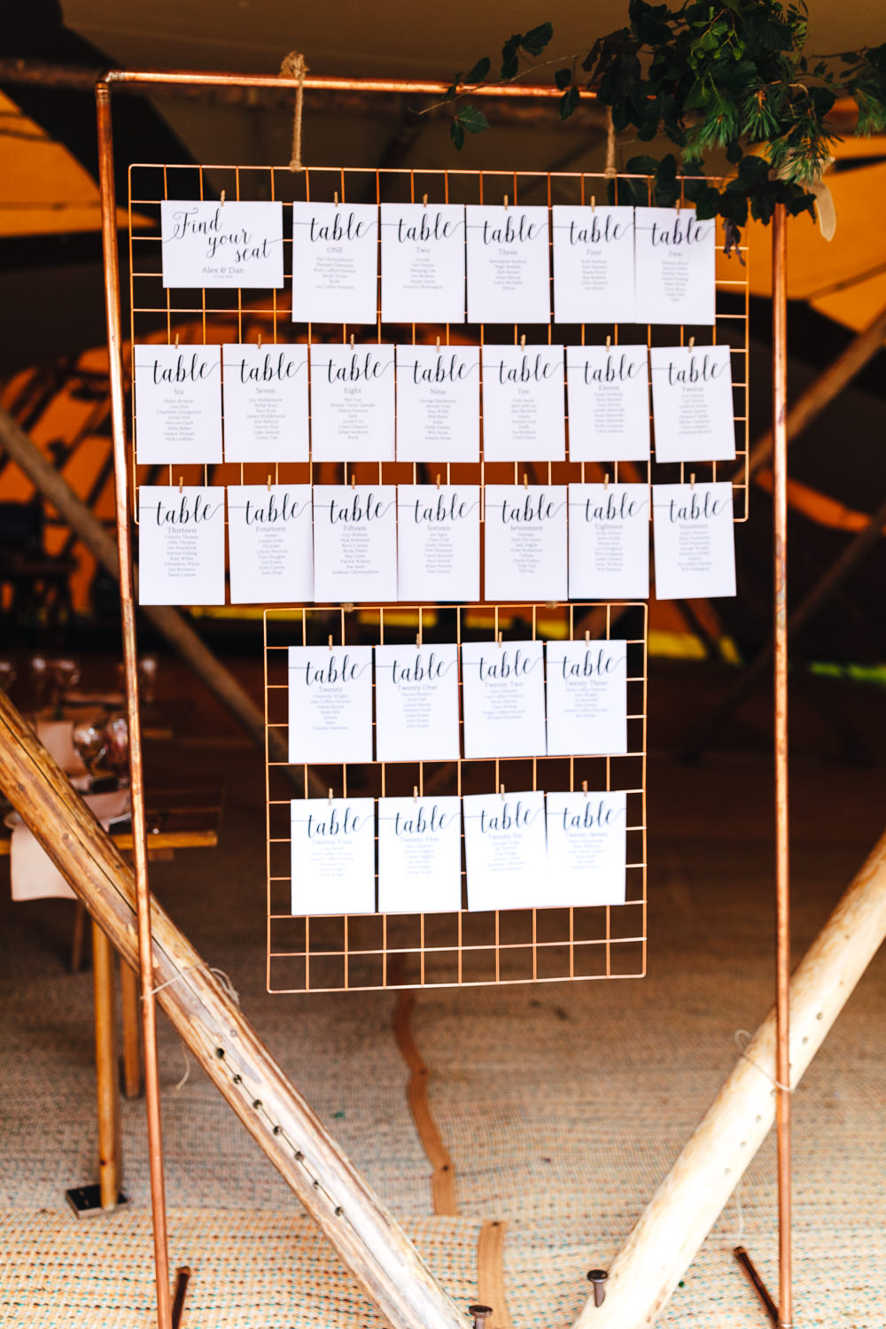 Table Plan Seating Chart Metal Frame Copper Pipe Festival Party Wedding Kirsty Mackenzie Photography