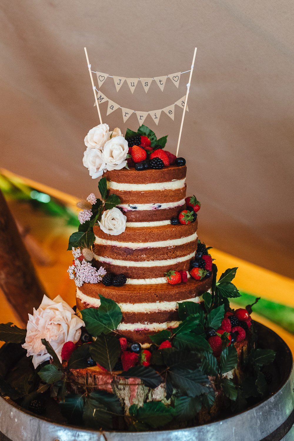 Naked Cake Sponge Layer Berries Flowers Bunting Topper Festival Party Wedding Kirsty Mackenzie Photography