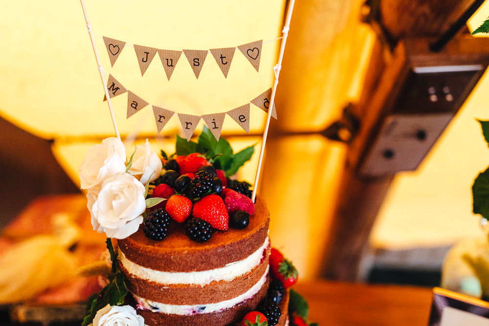 Naked Cake Sponge Layer Berries Flowers Bunting Topper Festival Party Wedding Kirsty Mackenzie Photography