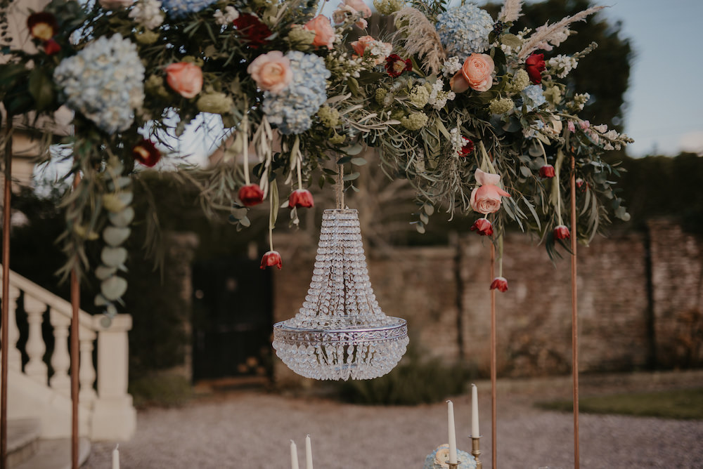 Table Tablescape Hanging Suspended Flowers Chandelier France Elopement Ideas Pierra G Photography