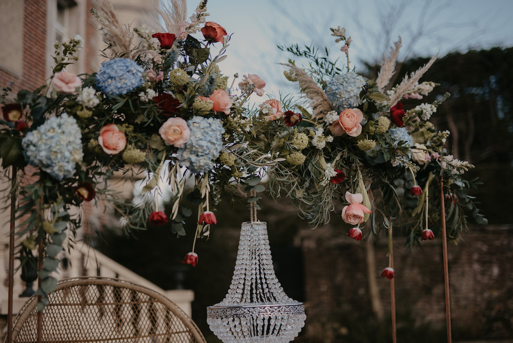 Table Tablescape Hanging Suspended Flowers Chandelier France Elopement Ideas Pierra G Photography