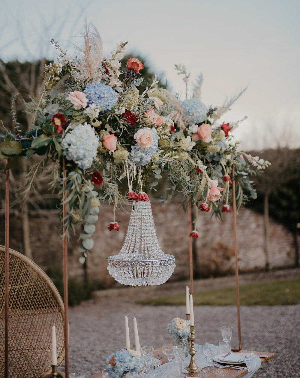 Table Tablescape Hanging Suspended Flowers Chandelier France Elopement Ideas Pierra G Photography