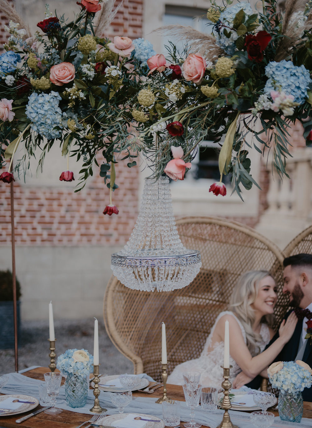 Table Tablescape Hanging Suspended Flowers Chandelier France Elopement Ideas Pierra G Photography