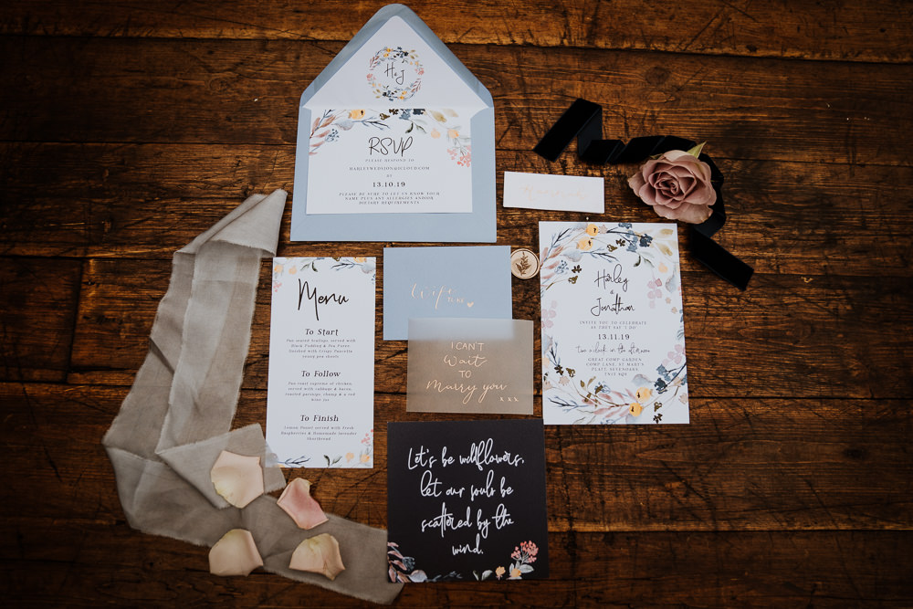 Stationery Invite Invitations Suite Flat Lay Floral Great Comp Garden Wedding Nicola Dawson Photography