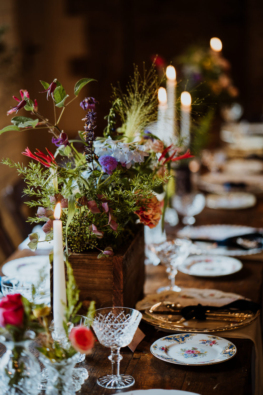 Table Flowers Centrepiece Wooden Box Crate Candles Decor Great Comp Garden Wedding Nicola Dawson Photography